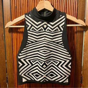 Sparkle & Fade Black & White Distressed Puffy Embellished Mock neck Cropped Tank